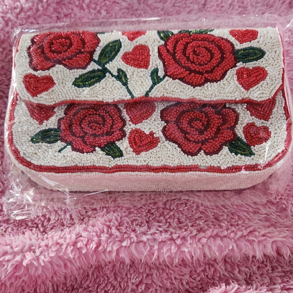 Floral Beaded Clutch - Red and Cream